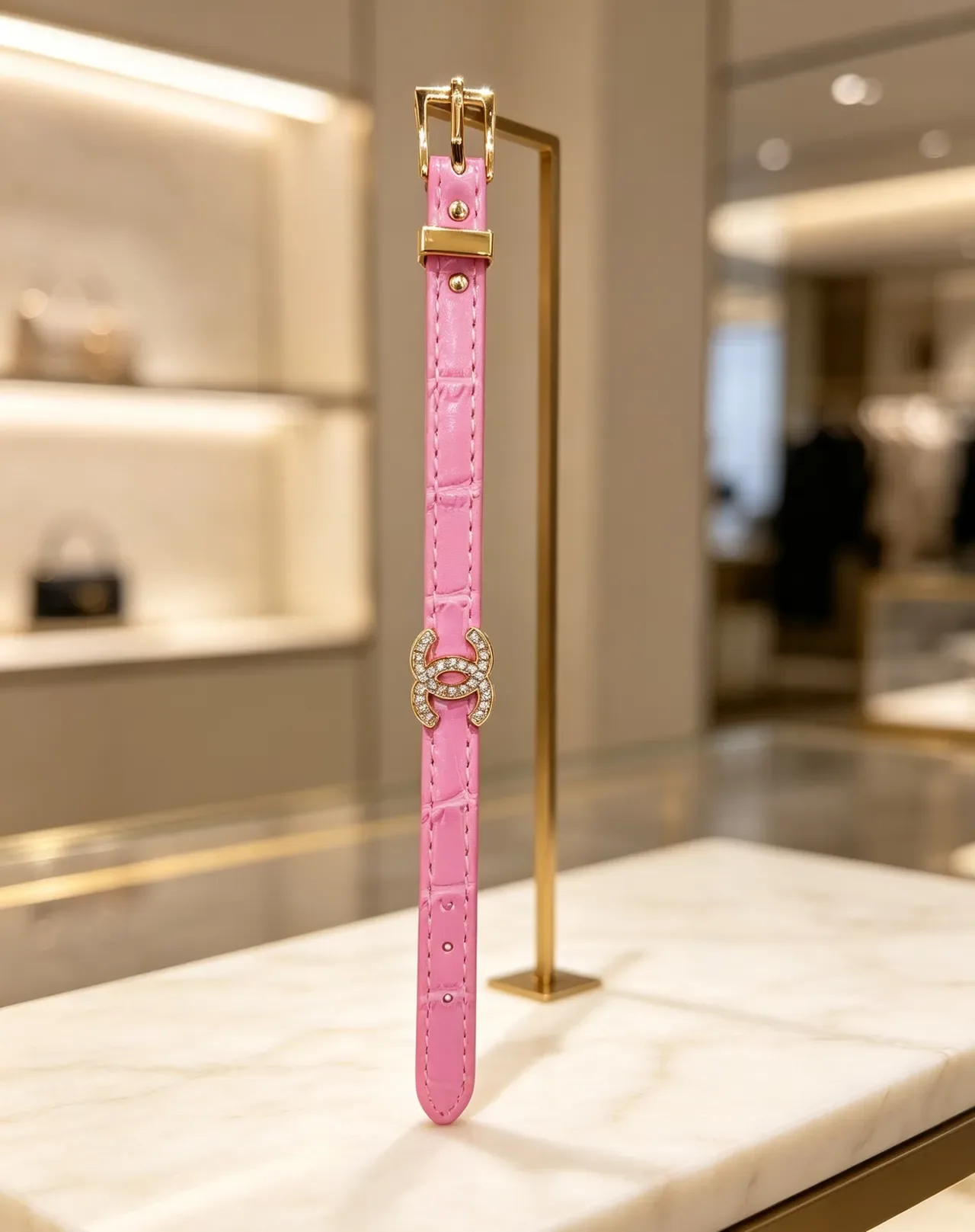 Chanel CC Belt أسود ذهبي حزام ضيق مزين بالكريستال إبزيم جلد 8