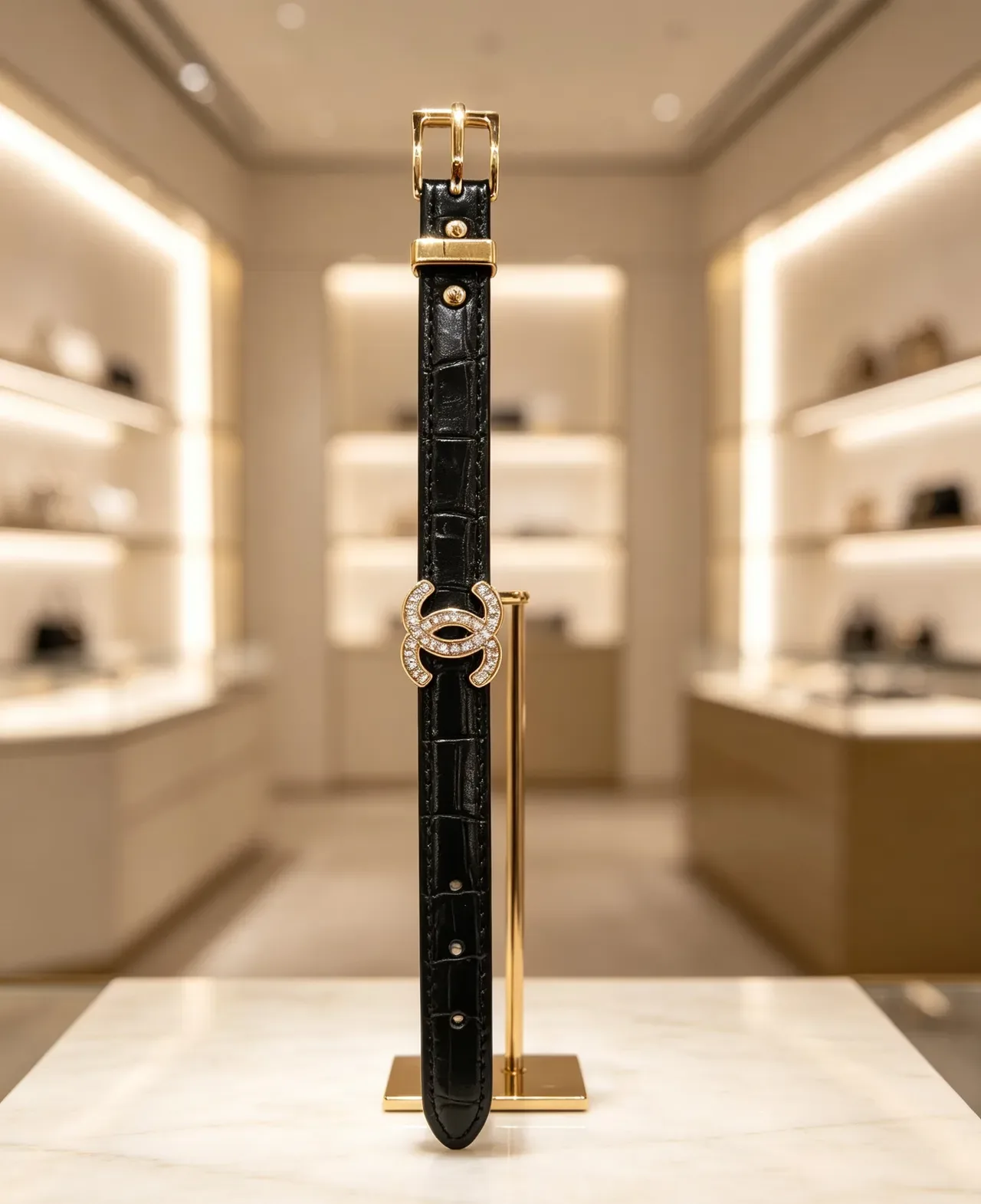 Chanel CC Belt أسود ذهبي حزام ضيق مزين بالكريستال إبزيم جلد 10