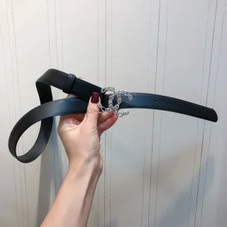 Chanel CC Belt কালো রূপালি পাতলা ক্রিস্টাল-এম্বেলিশড চেইন-লিংক বাকল লেদার বেল্ট
