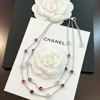 Chanel CC 标志 粉色宝石 双链 项链