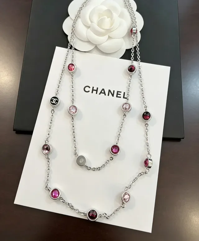 Chanel CC 标志 粉色宝石 双链 项链 2