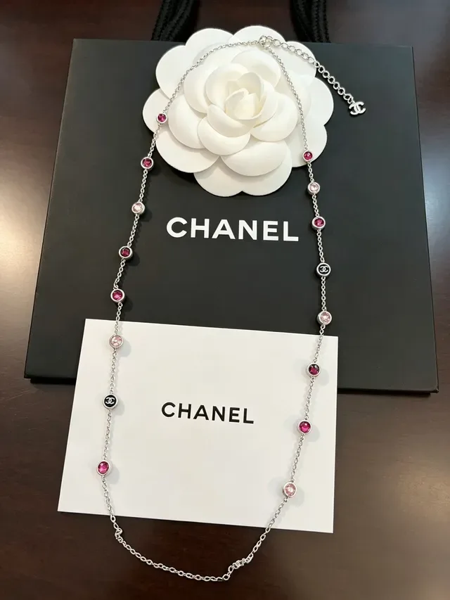 Chanel CC 标志 粉色宝石 双链 项链 3