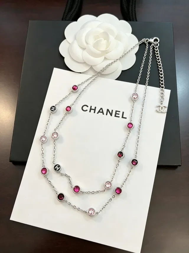 Chanel CC 标志 粉色宝石 双链 项链 4