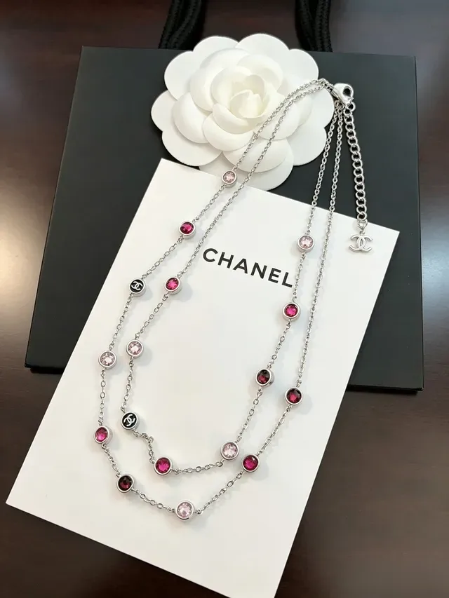 Chanel CC 标志 粉色宝石 双链 项链 5