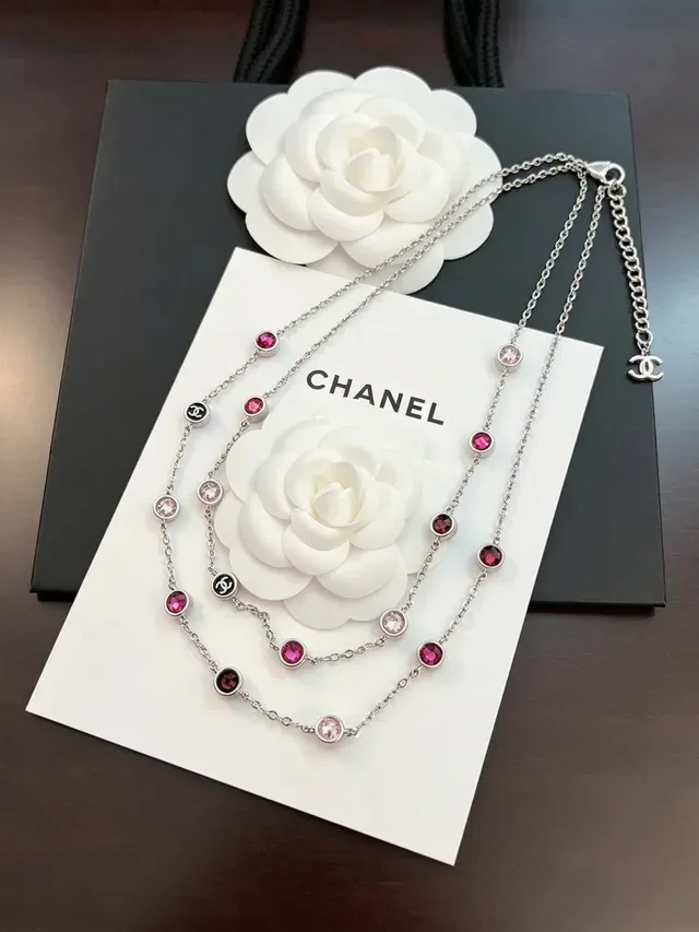Chanel CC 标志 粉色宝石 双链 项链 6