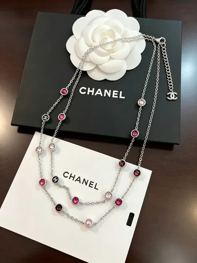 Chanel CC 标志 粉色宝石 双链 项链 7