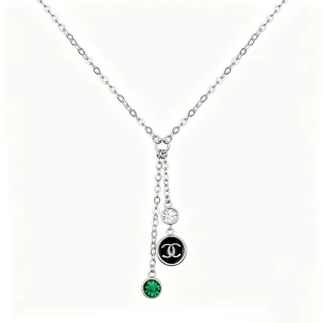 Chanel CC Logo Layered Necklace Silver Green Chain Interlocking Necklace 7