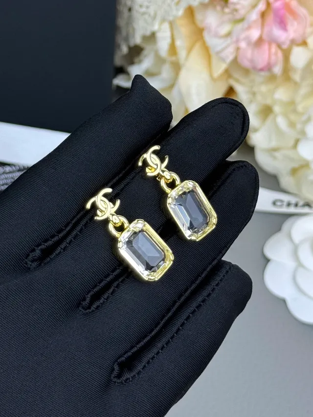 Chanel CC Logo Rectangular Crystal Drop Earrings 7