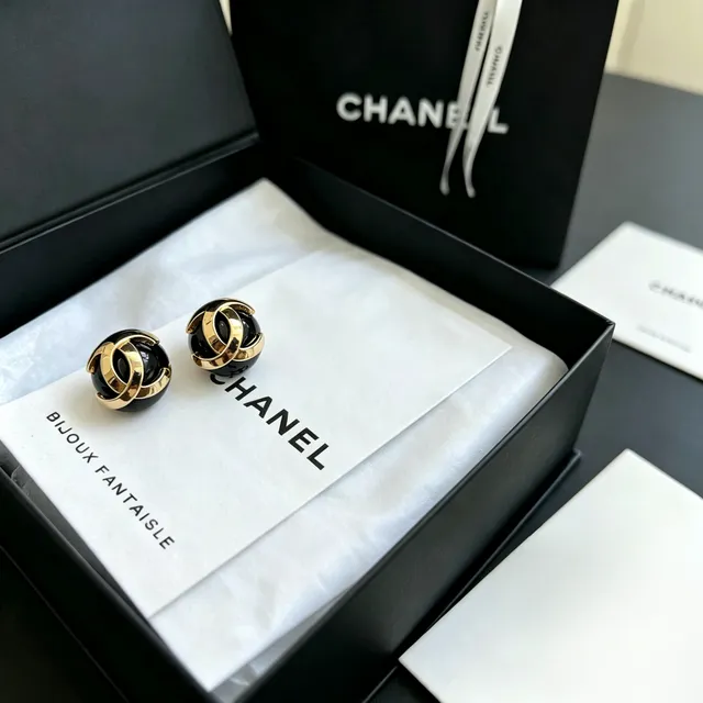 Chanel Classic CC Ball Stud Black Gold Spherical Studs Interlocking Motif Earrings 3