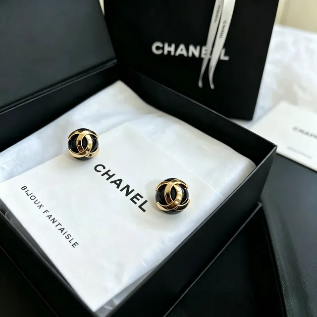 Chanel Classic CC Ball Stud Black Gold Spherical Studs Interlocking Motif Earrings 6