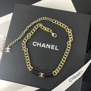 Chanel गोल्ड ब्लैक कर्ब चेन लेदर बार नेकलेस