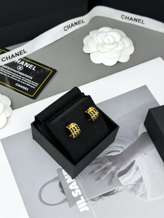 Chanel Gold Black Metal Leather-Wrapped Chain Earrings 5