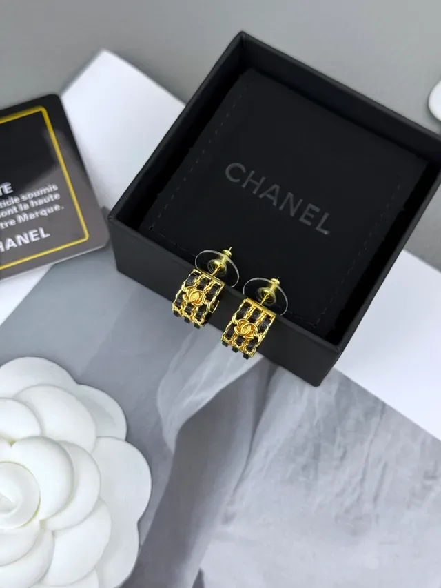 Chanel Gold Black Metal Leather-Wrapped Chain Earrings 8