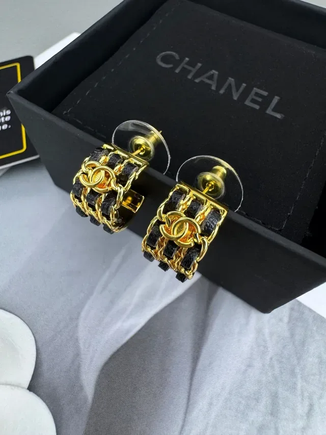 Chanel Gold Black Metal Leather-Wrapped Chain Earrings 9