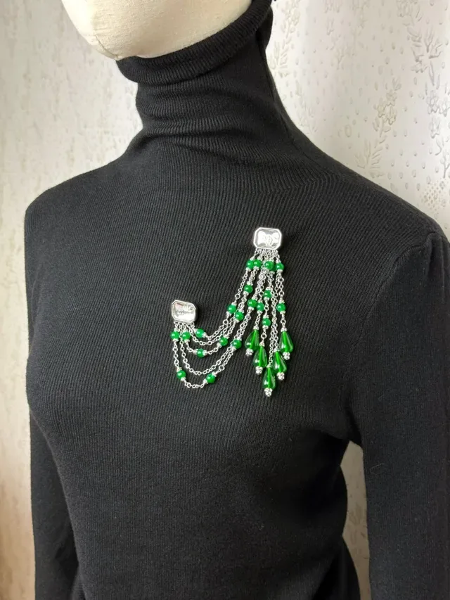 Chanel Green Bead Fringe Earrings 3