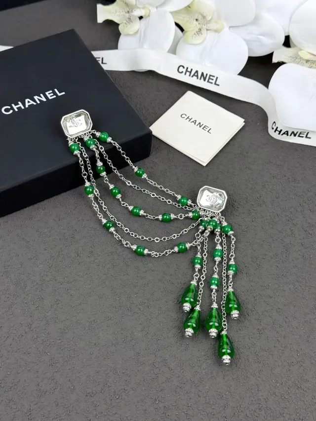 Chanel Green Bead Fringe Earrings 4