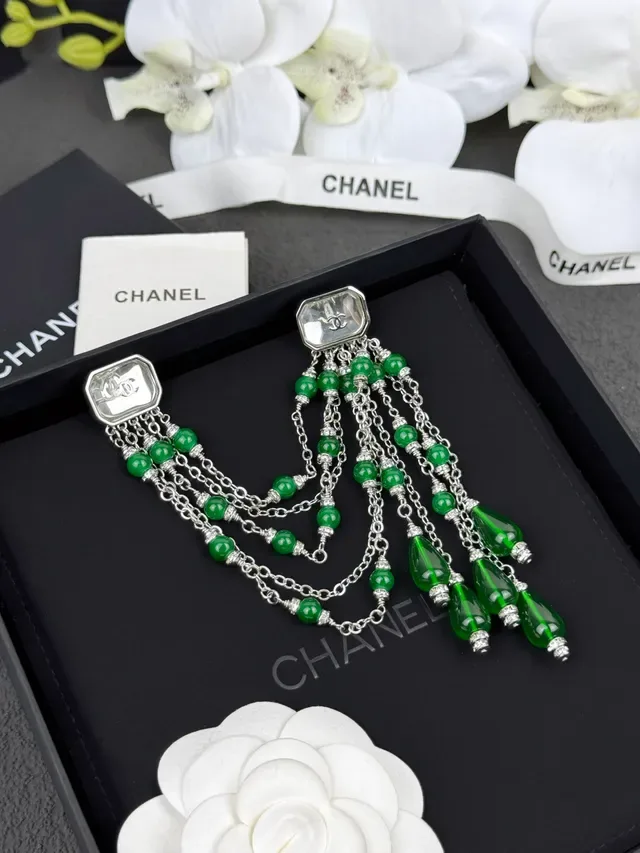 Chanel Green Bead Fringe Earrings 5