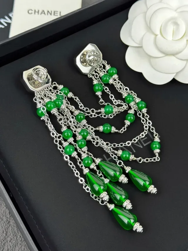 Chanel Green Bead Fringe Earrings 6