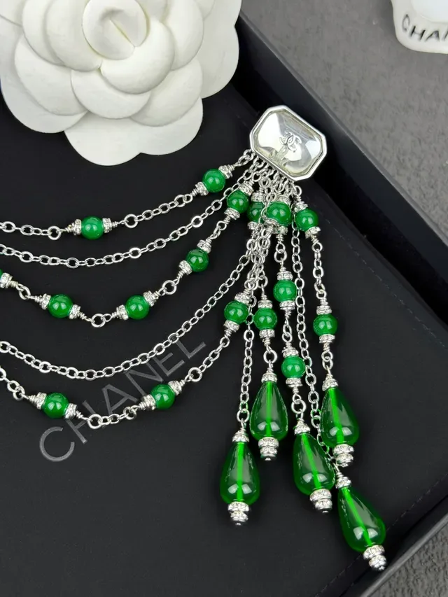Chanel Green Bead Fringe Earrings 7