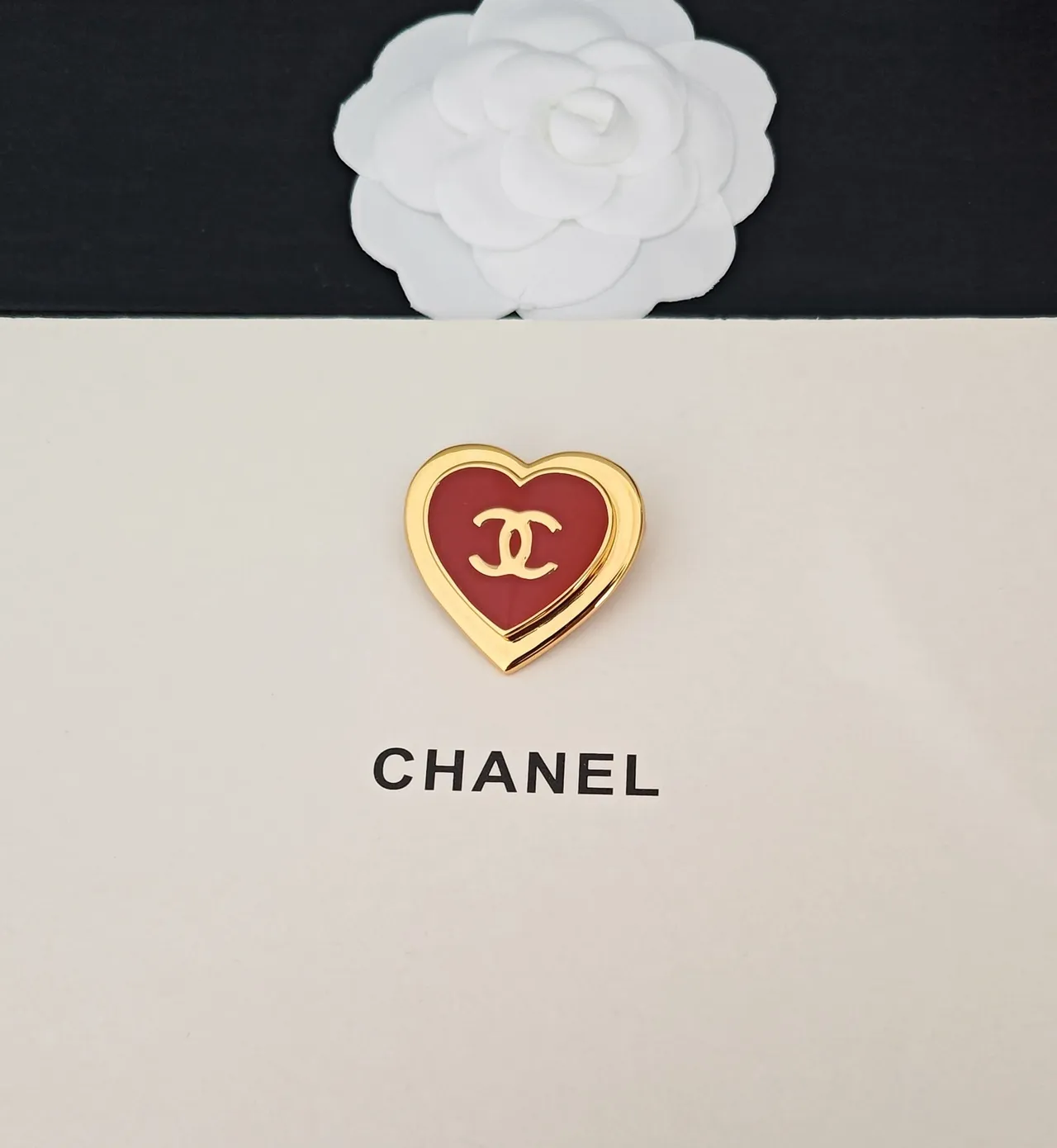 Chanel Red Gold Heart-Shaped Enamel-Filled Brooch 4