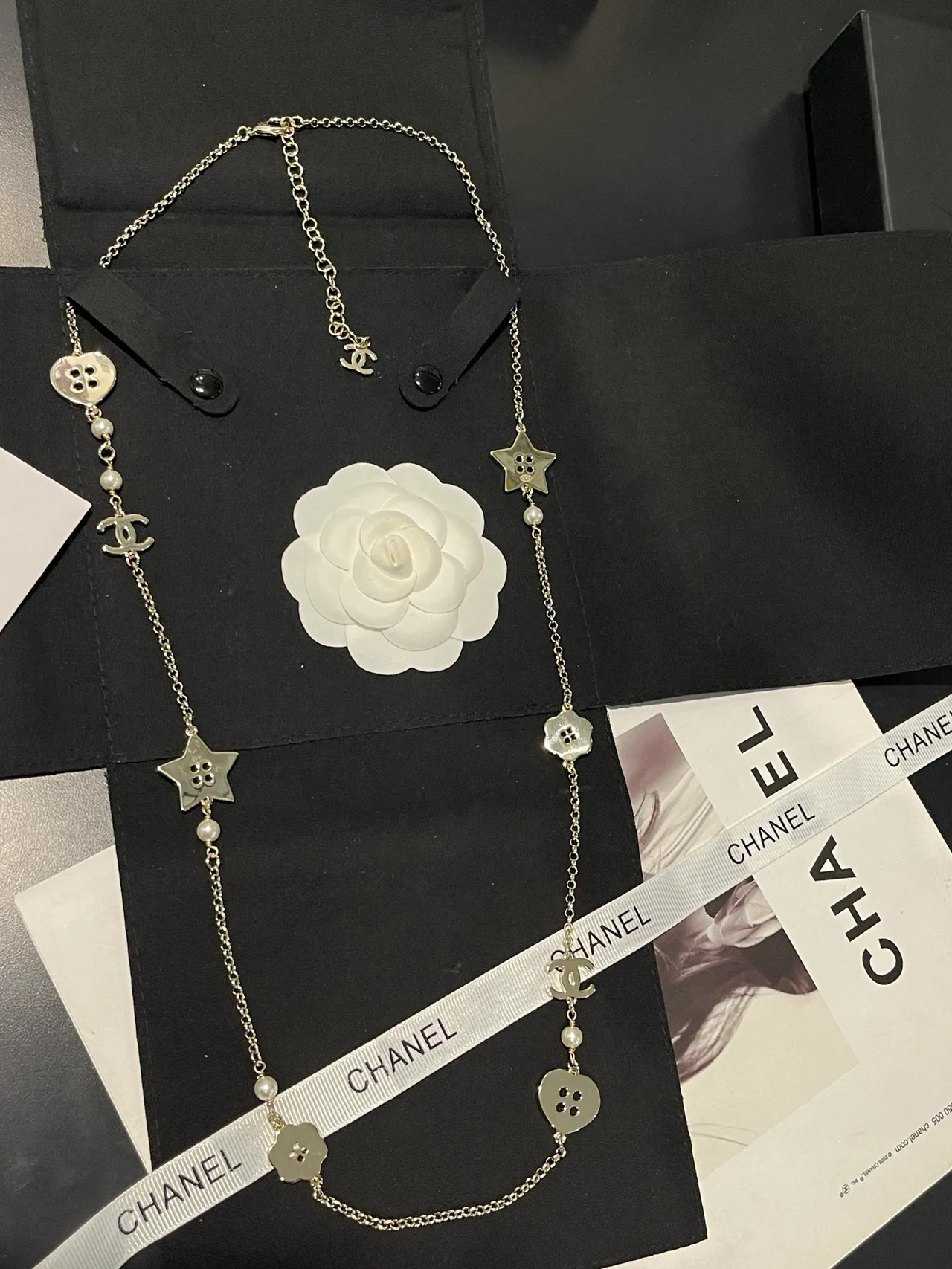 Chanel Silver White Long Chain Pearl Accents Necklace 2
