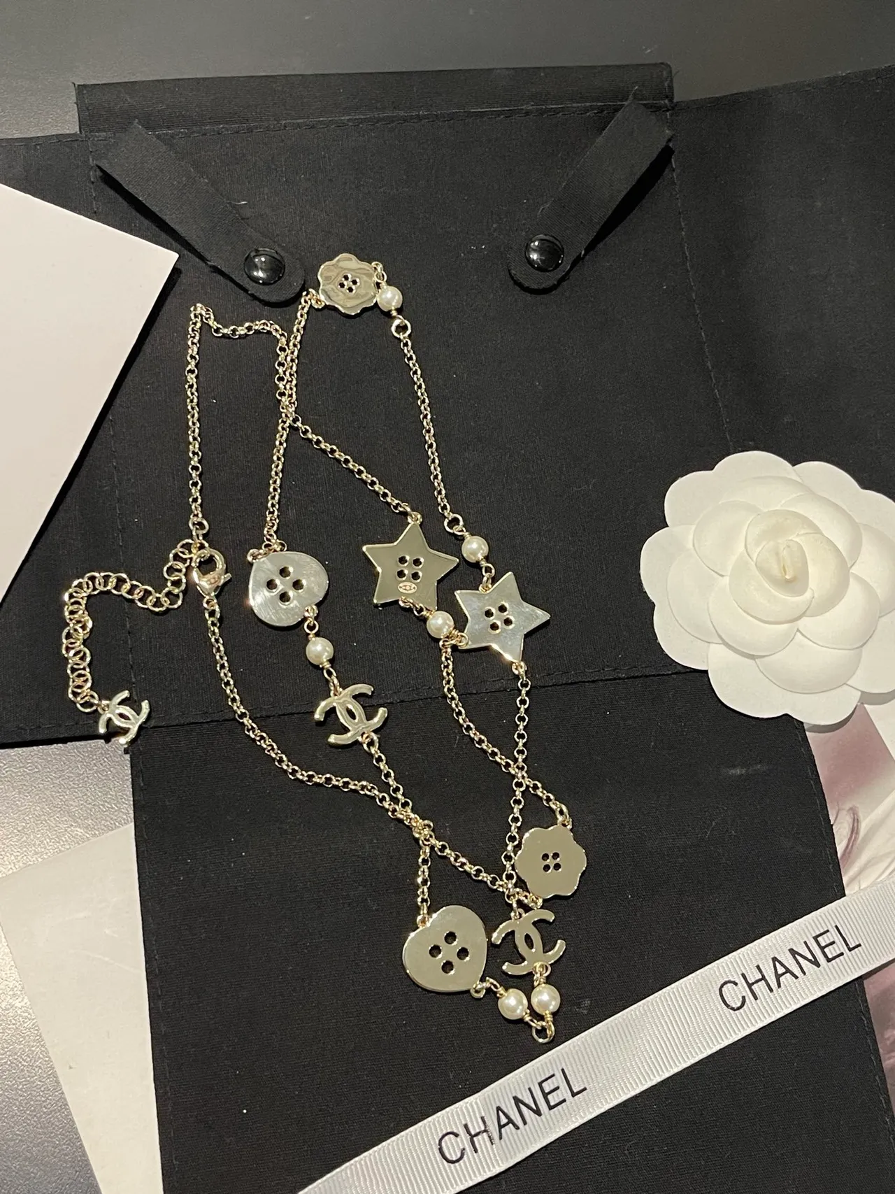 Chanel Silver White Long Chain Pearl Accents Necklace 3