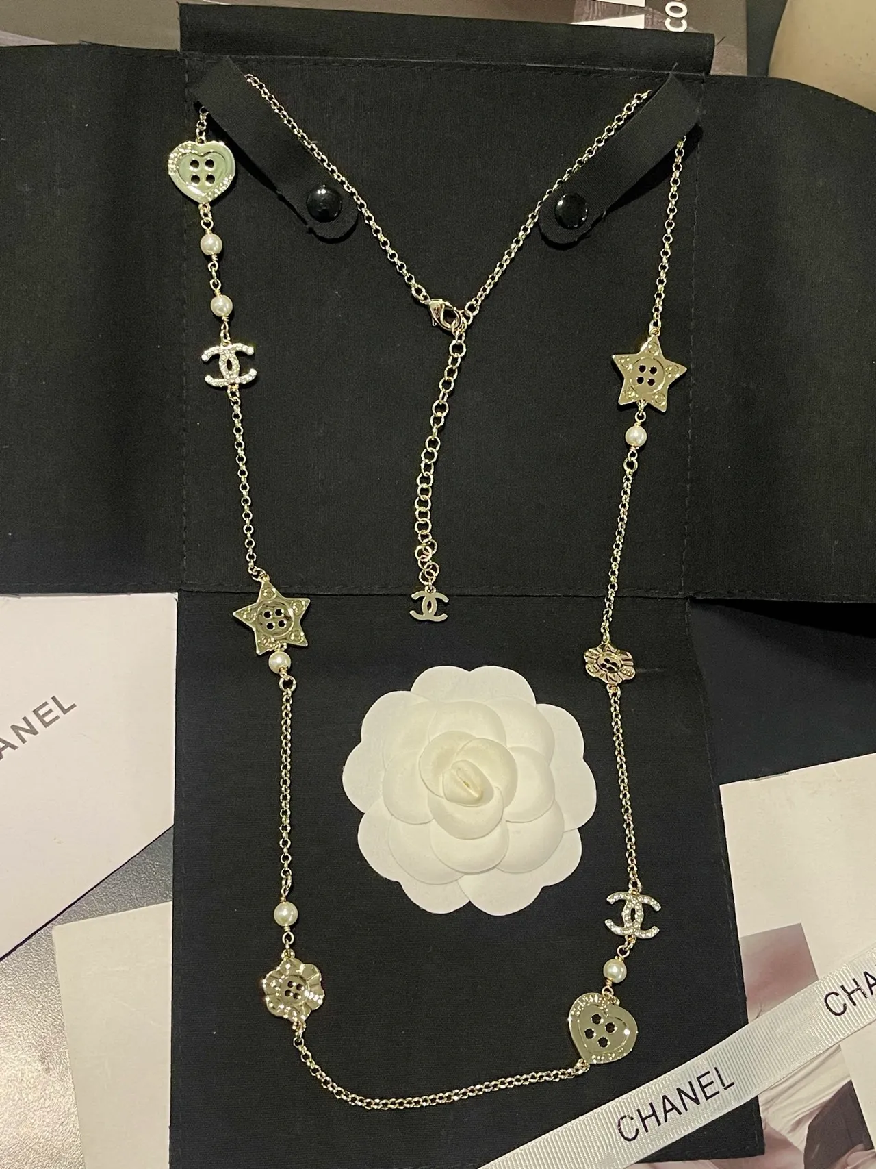 Chanel Silver White Long Chain Pearl Accents Necklace 11