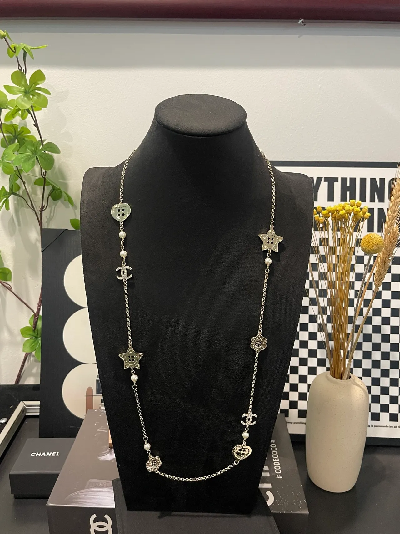 Chanel Silver White Long Chain Pearl Accents Necklace 12