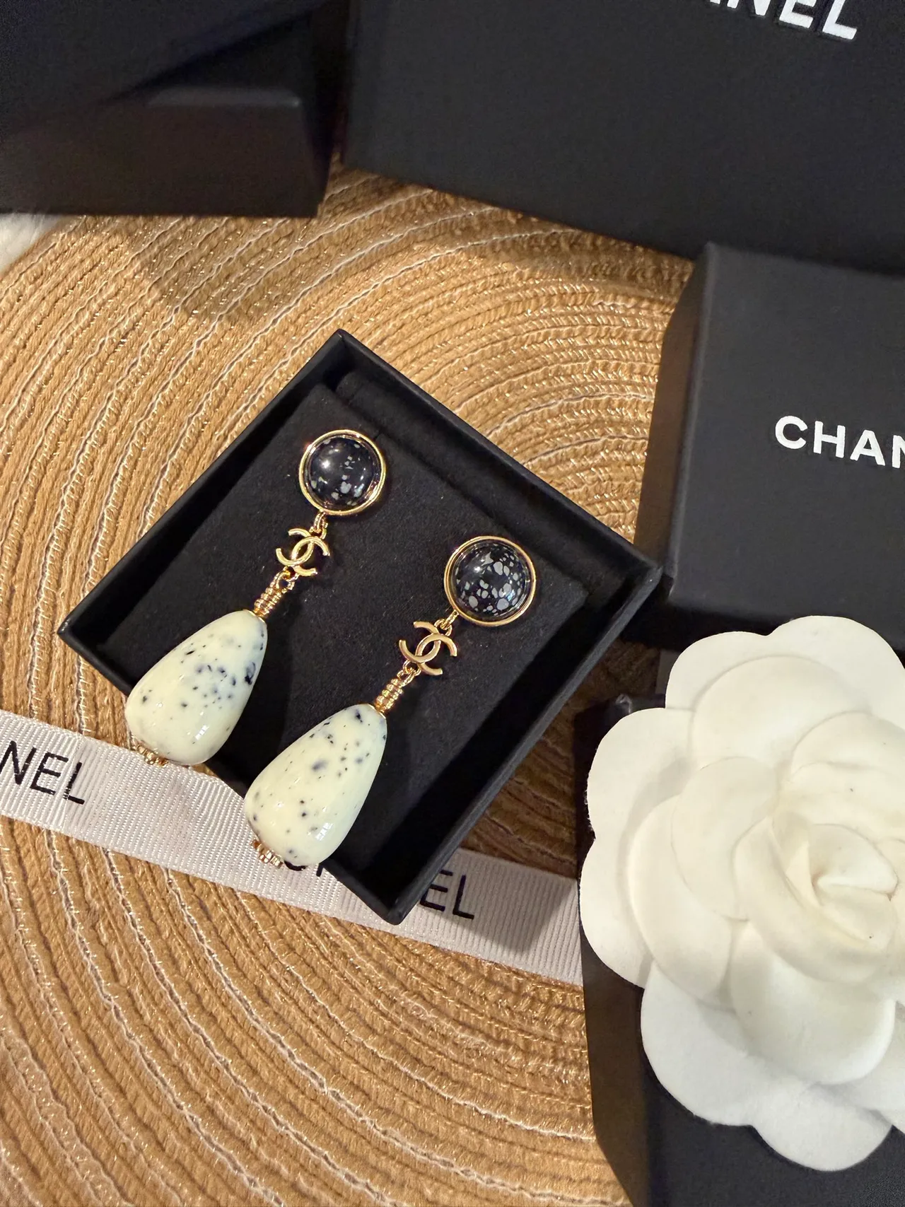 Chanel White Black Gold-Tone Hardware Two-Tiered Stone Construction Earrings 5