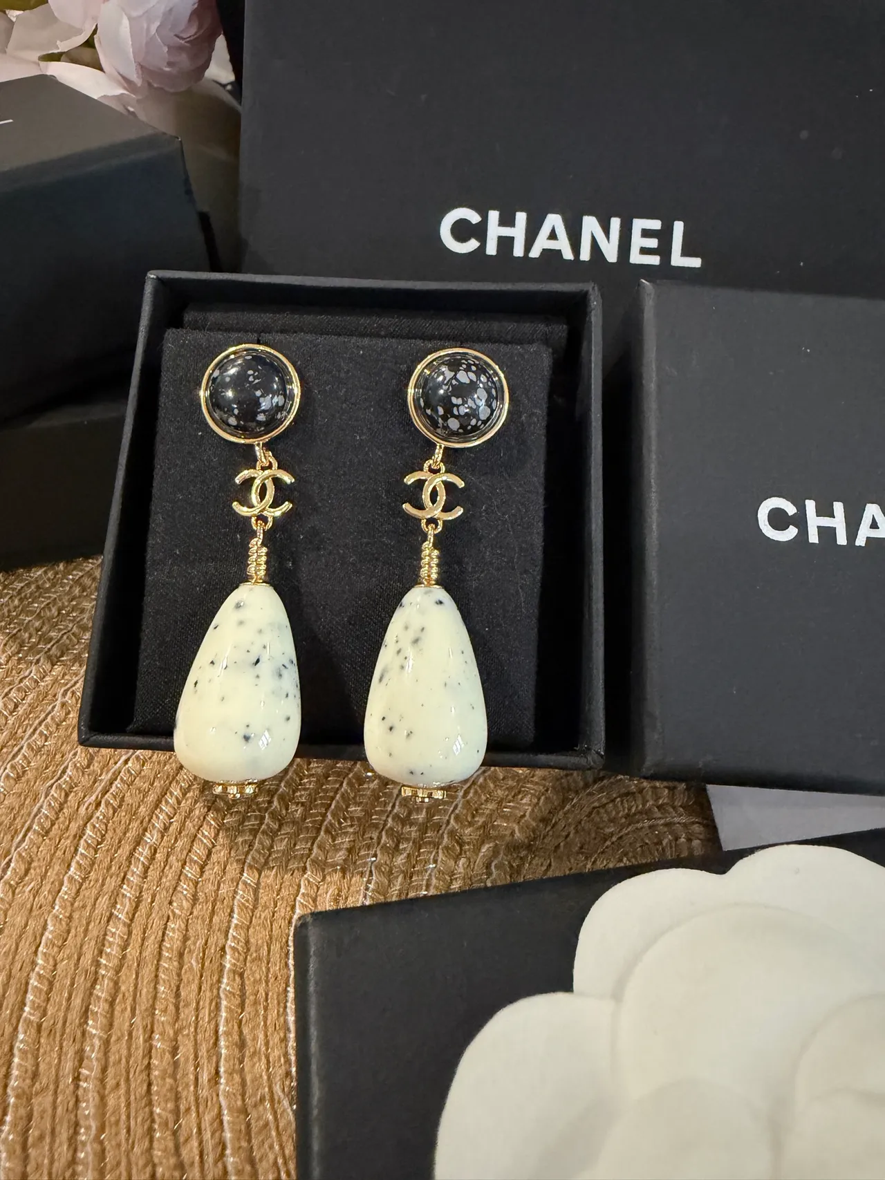 Chanel White Black Gold-Tone Hardware Two-Tiered Stone Construction Earrings 6