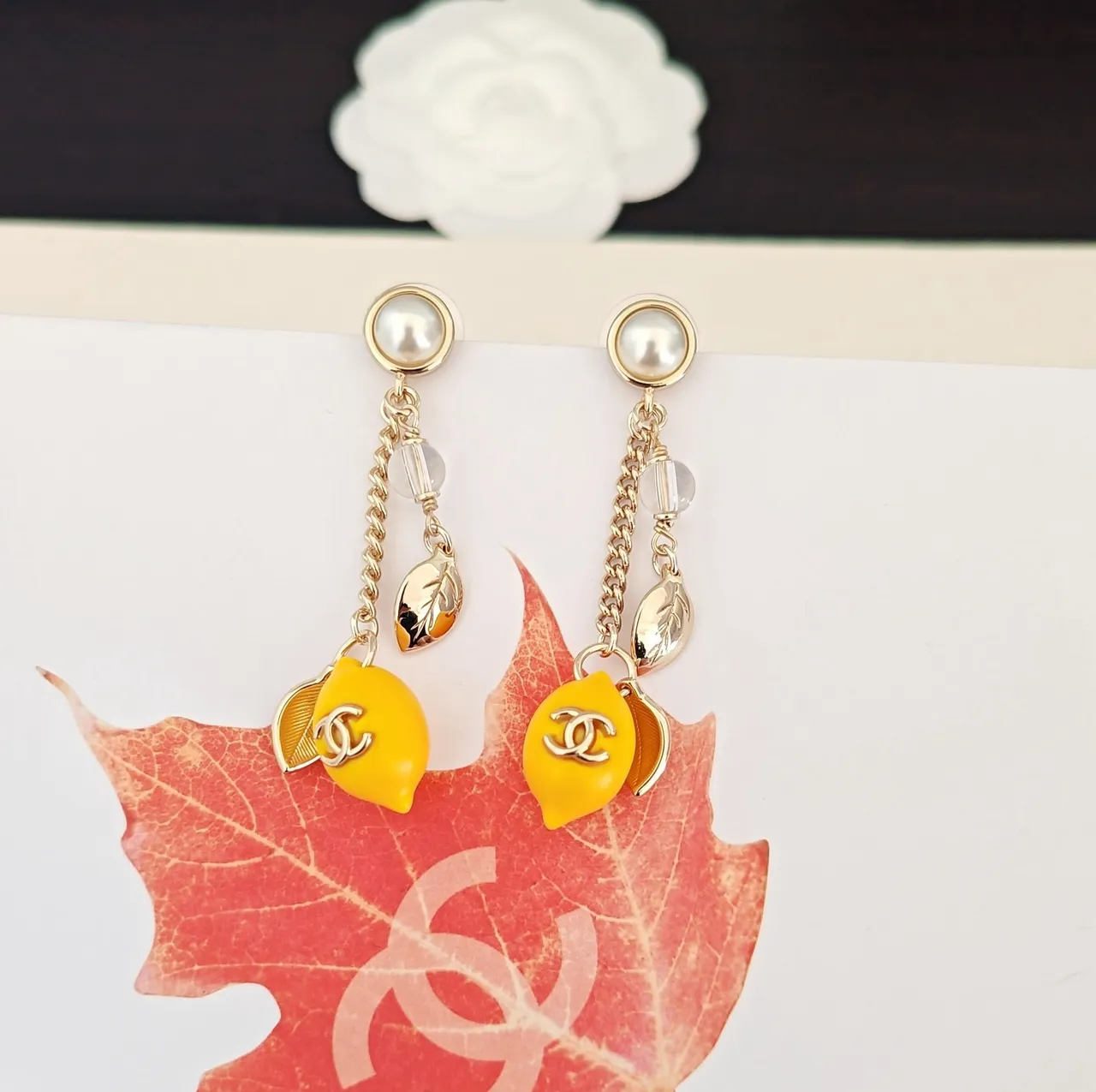 Chanel Yellow Gold Pearl-Stud Top Chain-Drop Dangle Earrings 2