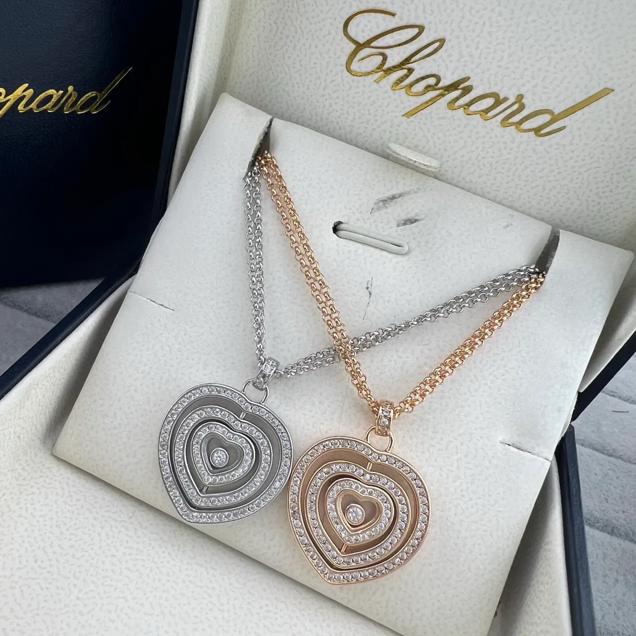 Chopard Happy Hearts Silver Gold Concentric Heart Pendants Pavé-Set Diamonds Necklace 5