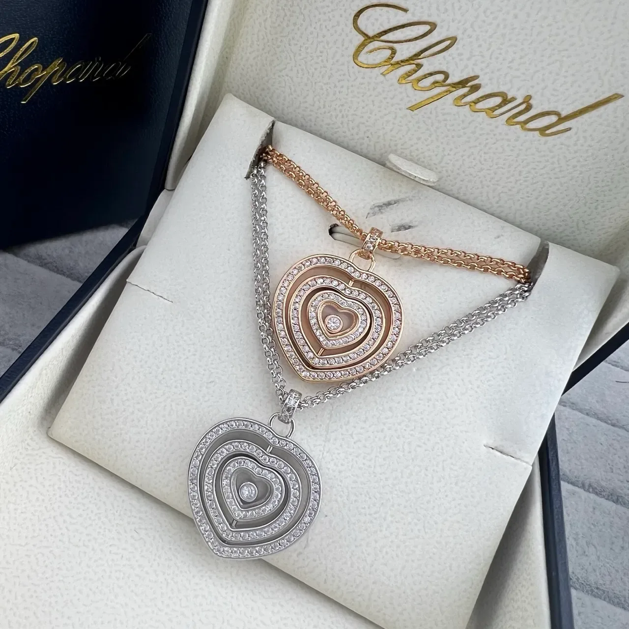 Chopard Happy Hearts Silver Gold Concentric Heart Pendants Pavé-Set Diamonds Necklace 6