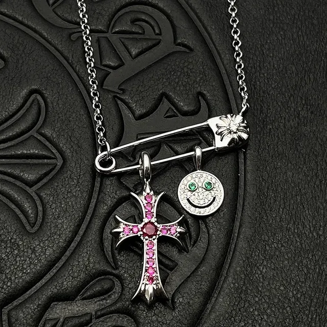 Chrome Hearts Cross and Smiley Safety Pin Charm Necklace 2