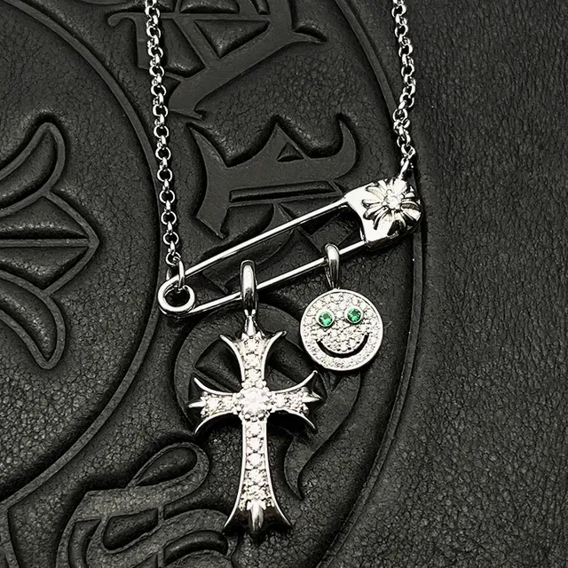 Chrome Hearts Cross and Smiley Safety Pin Charm Necklace 3