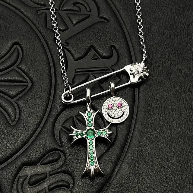 Chrome Hearts Cross and Smiley Safety Pin Charm Necklace 4