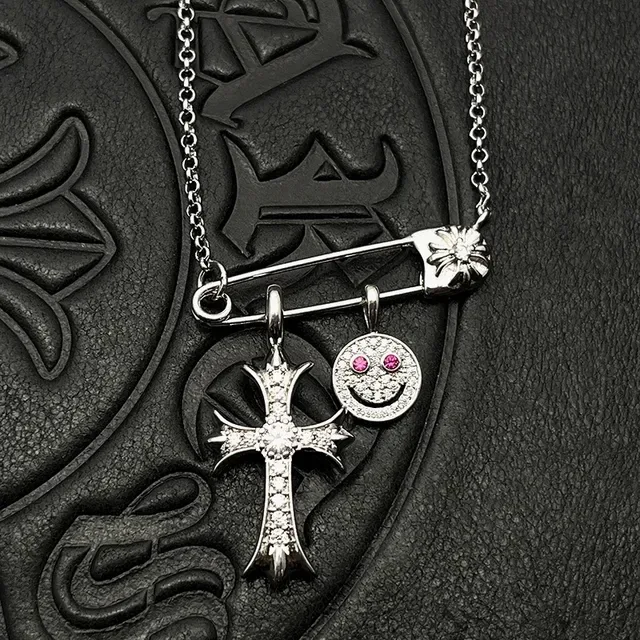 Chrome Hearts Cross and Smiley Safety Pin Charm Necklace 5