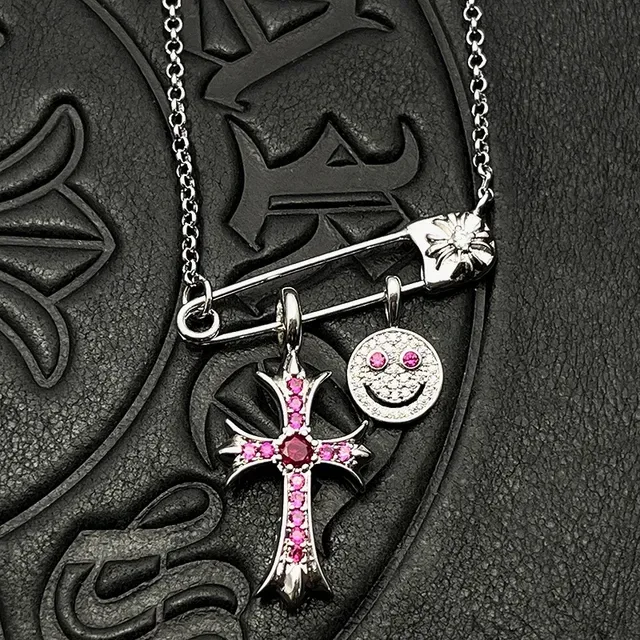 Chrome Hearts Cross and Smiley Safety Pin Charm Necklace 6