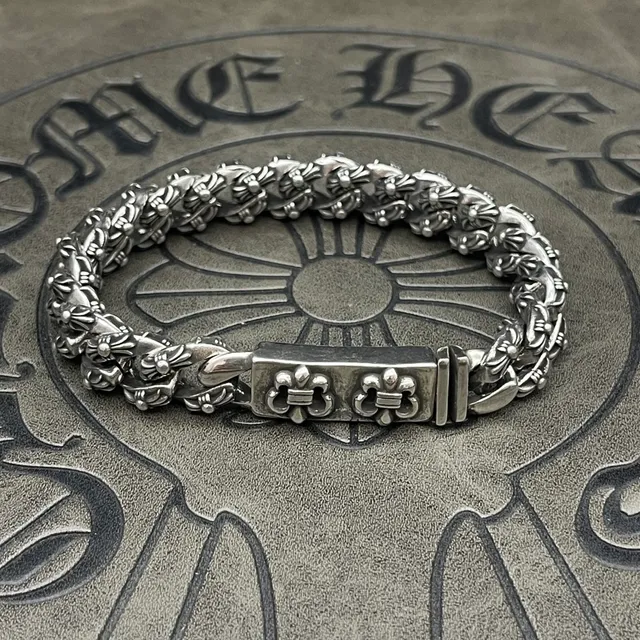 Chrome Hearts Chaîne Curb Argent Lourde Ornée Florale Scrollwork Bracelet 5