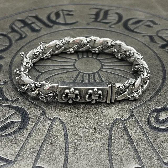 Chrome Hearts Chaîne Curb Argent Lourde Ornée Florale Scrollwork Bracelet 6