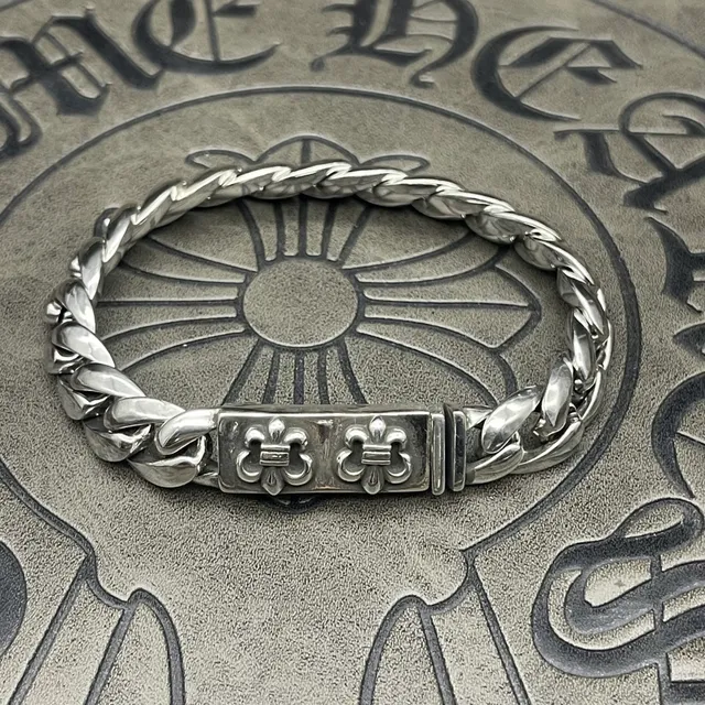 Chrome Hearts Chaîne Curb Argent Lourde Ornée Florale Scrollwork Bracelet 7