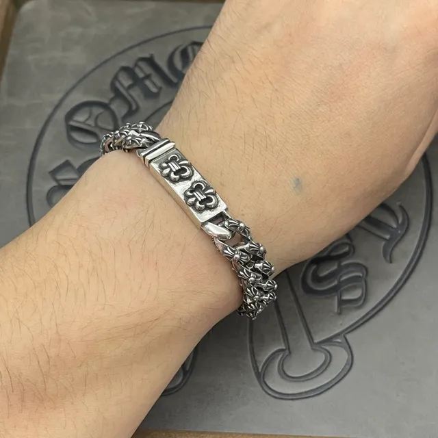 Chrome Hearts Chaîne Curb Argent Lourde Ornée Florale Scrollwork Bracelet 8