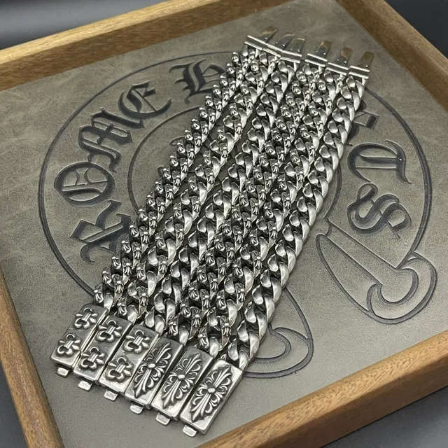 Chrome Hearts Chaîne Curb Argent Lourde Ornée Florale Scrollwork Bracelet 9