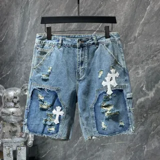 Chrome Hearts Distressed Patched Cross Embroidery Denim Shorts