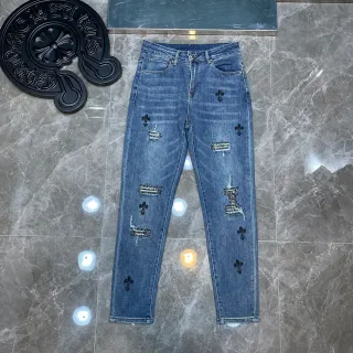 Chrome Hearts Embroidered Fleur-de-Lis Distressed Slim-Fit Jeans
