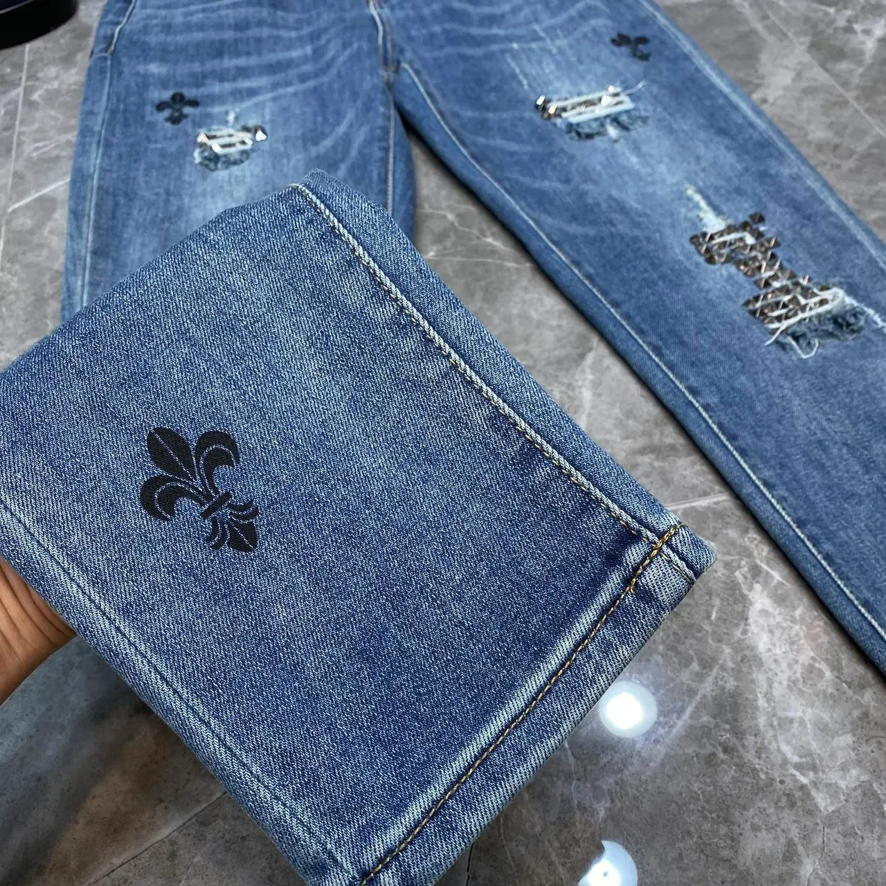 Chrome Hearts Embroidered Fleur-de-Lis Distressed Slim-Fit Jeans 7