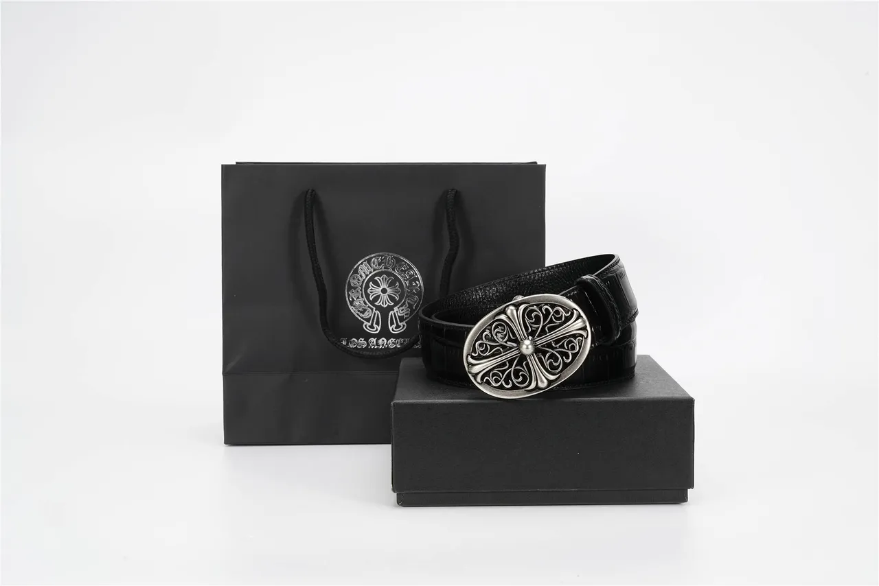 Chrome Hearts Oval Cross Filigree Black Crocodile Leather Belt 4
