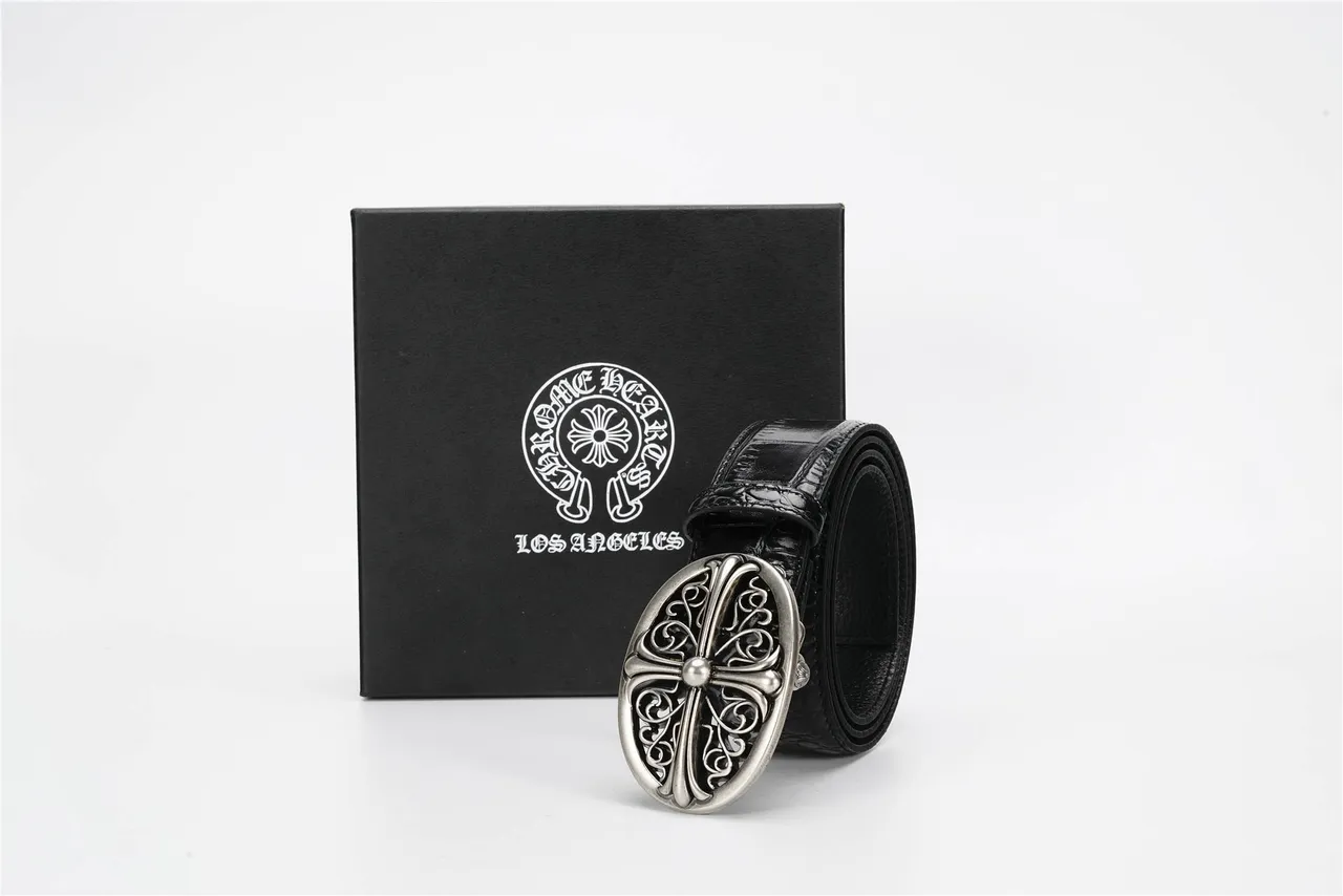 Chrome Hearts Oval Cross Filigree Black Crocodile Leather Belt 5