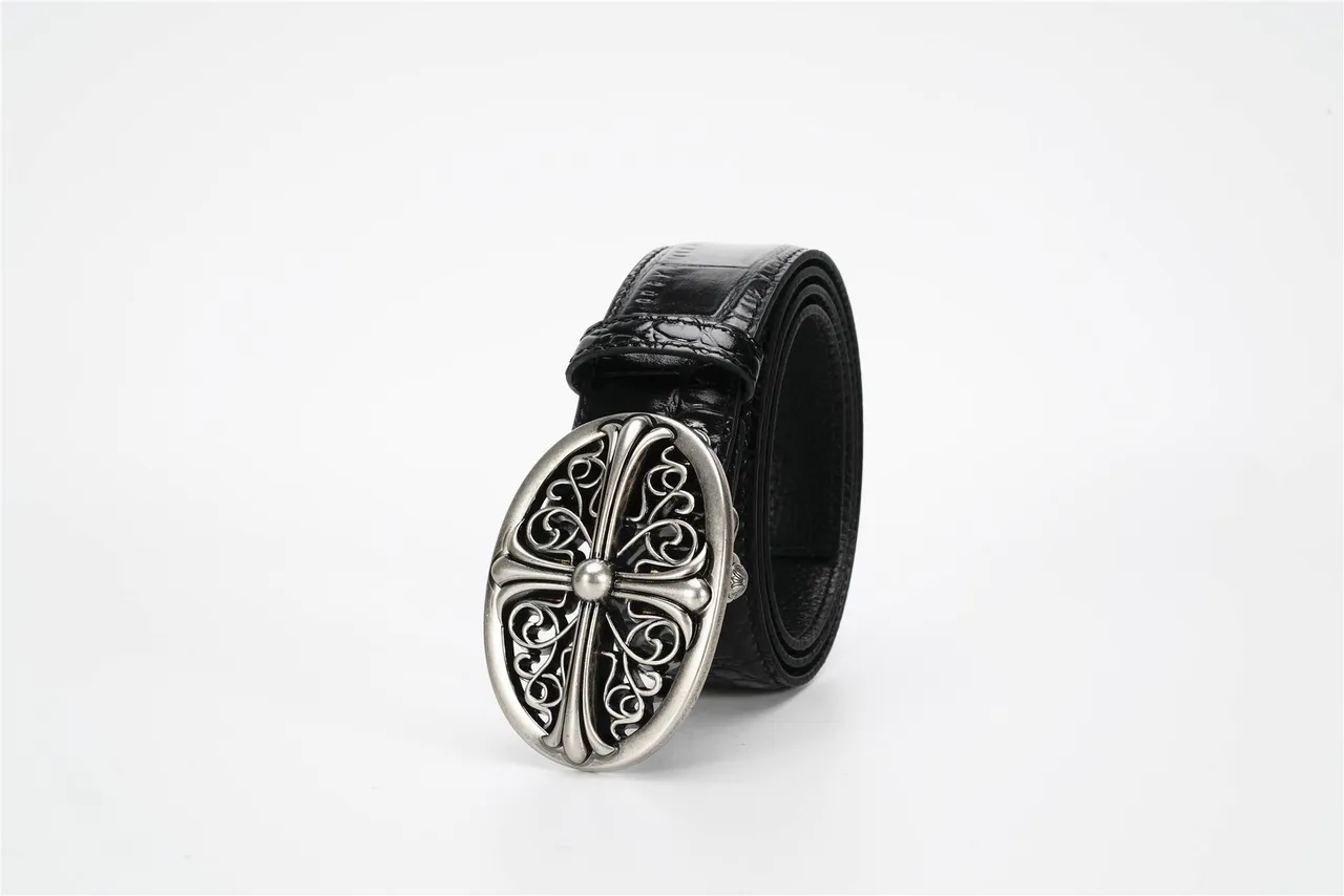Chrome Hearts Oval Cross Filigree Black Crocodile Leather Belt 6