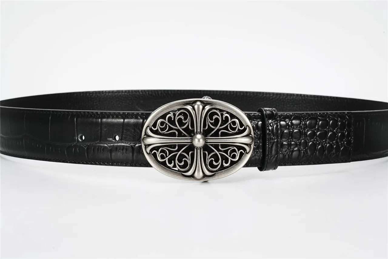 Chrome Hearts Oval Cross Filigree Black Crocodile Leather Belt 7